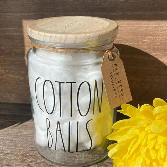 NEW - Rae Dunn - CUTE reusable COTTON BALL Glass Jar with wooden Lid - Picture 3 of 8